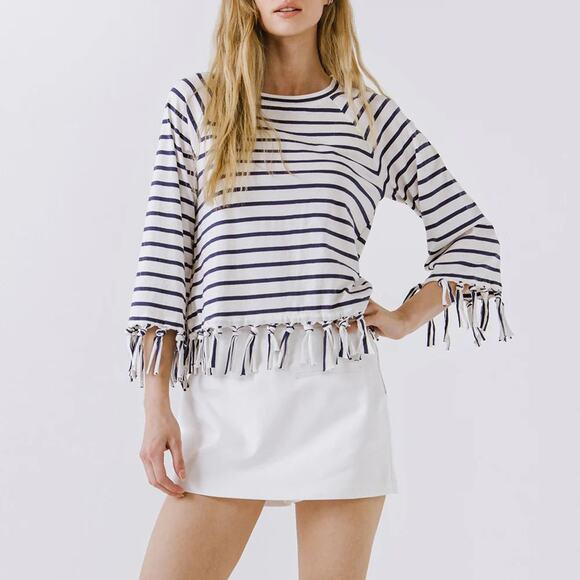 English Factory Fringe Stripe Crewneck Sweatshirt XS Navy White Coastal Top - Picture 1 of 12